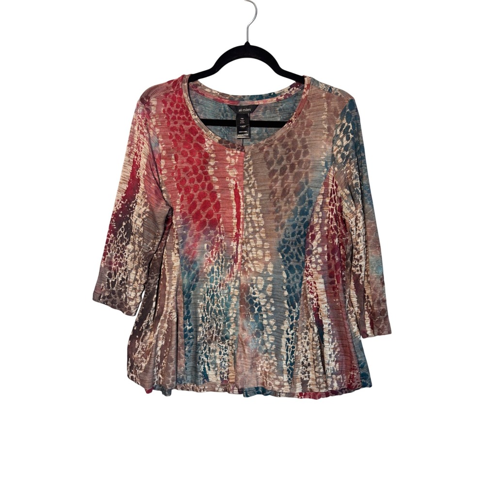 Ali Miles Womens Tunic PM Multi Abstract Animal Print 3/4 Sleeve Artsy Boho